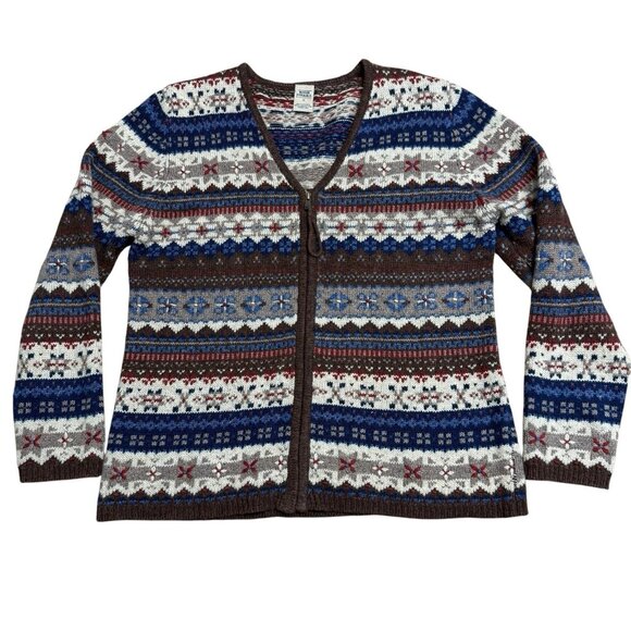 High Sierra Sweater Knit Fair Isle Nordic Full Zip Lambs Wool Blend Size M - Picture 1 of 8